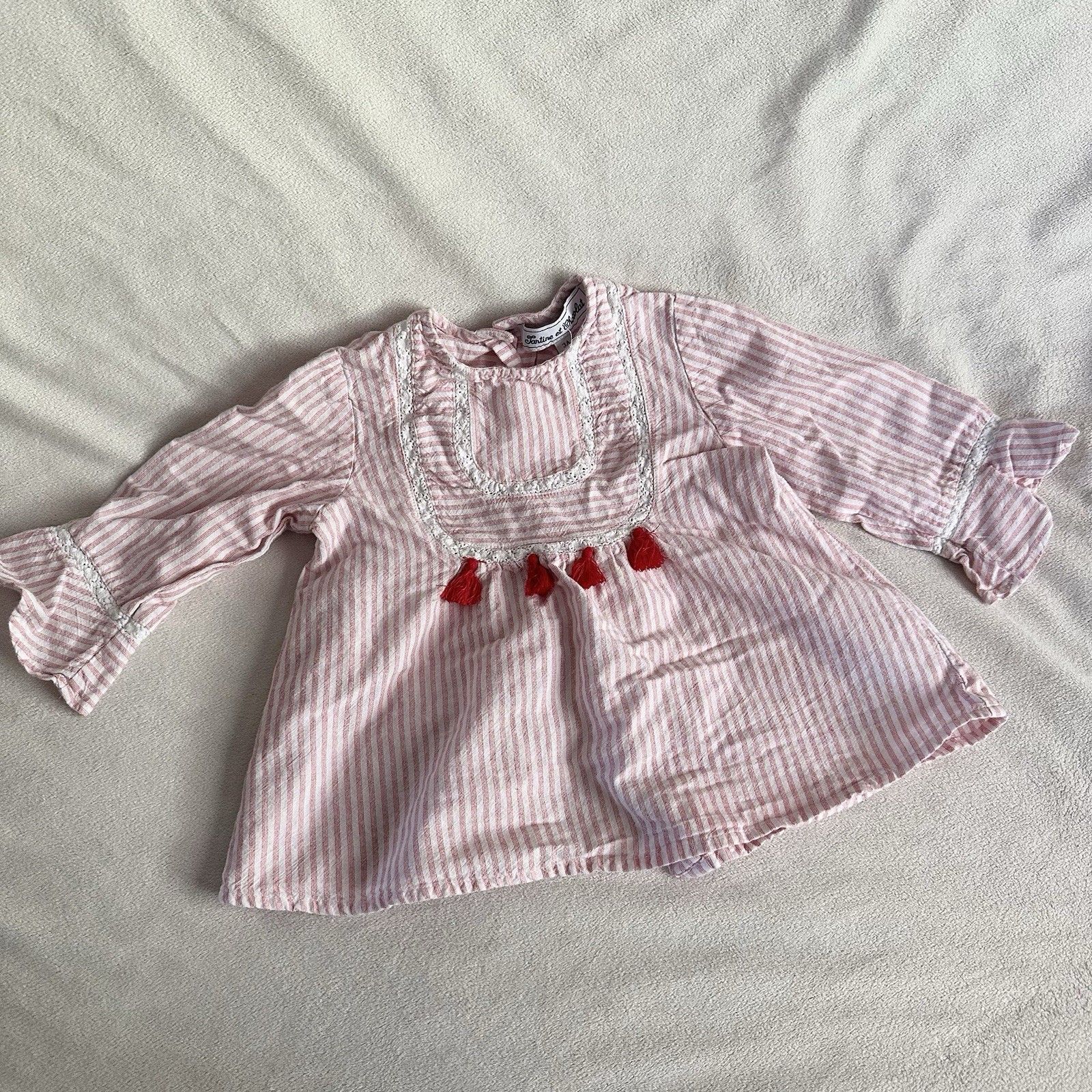 Tartine Et Chocolat Toddler Girl 3a Pink Striped Smocked Shirt Long Sleeve